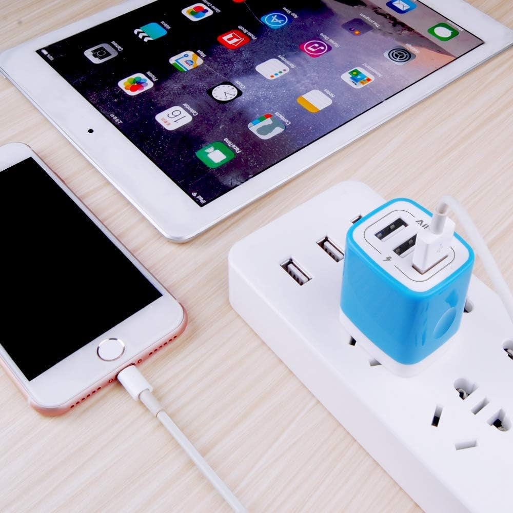 USB Charger Multi Port,  USB Charger Charging Block USB Wall Plug Travel Charger Fast Phone Cube Brick USB Box for Iphone 15 14 13 12 11 10 X, Samsung Galaxy, Google Pixel, Motorola (Blue/3Port)