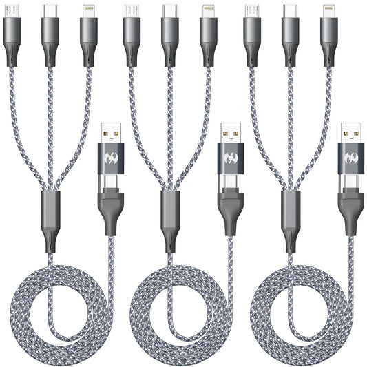 Multi Charging Cable (4Ft 3Pack), 3 in 1 Charging Cable Nylon Braided Cord USB A/C Port Multiple Iphone Charger Cable with Type C Micro Lightning USB for Apple Iphone Android Phone